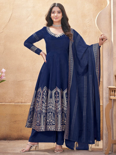 Enchanting Navy Blue Foil Printed Silk Event Wear Anarkali Suit Palazzo